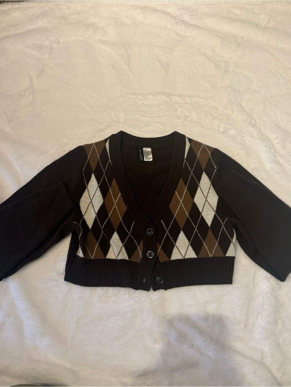 Women's Brown Argyle V-Neck Cropped Sweater Cardigan